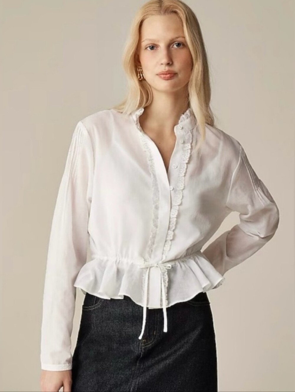 J.CREW White Lace-Trim Cinched-Waist Peplum Semi-Sheer Cotton Voile Button Top